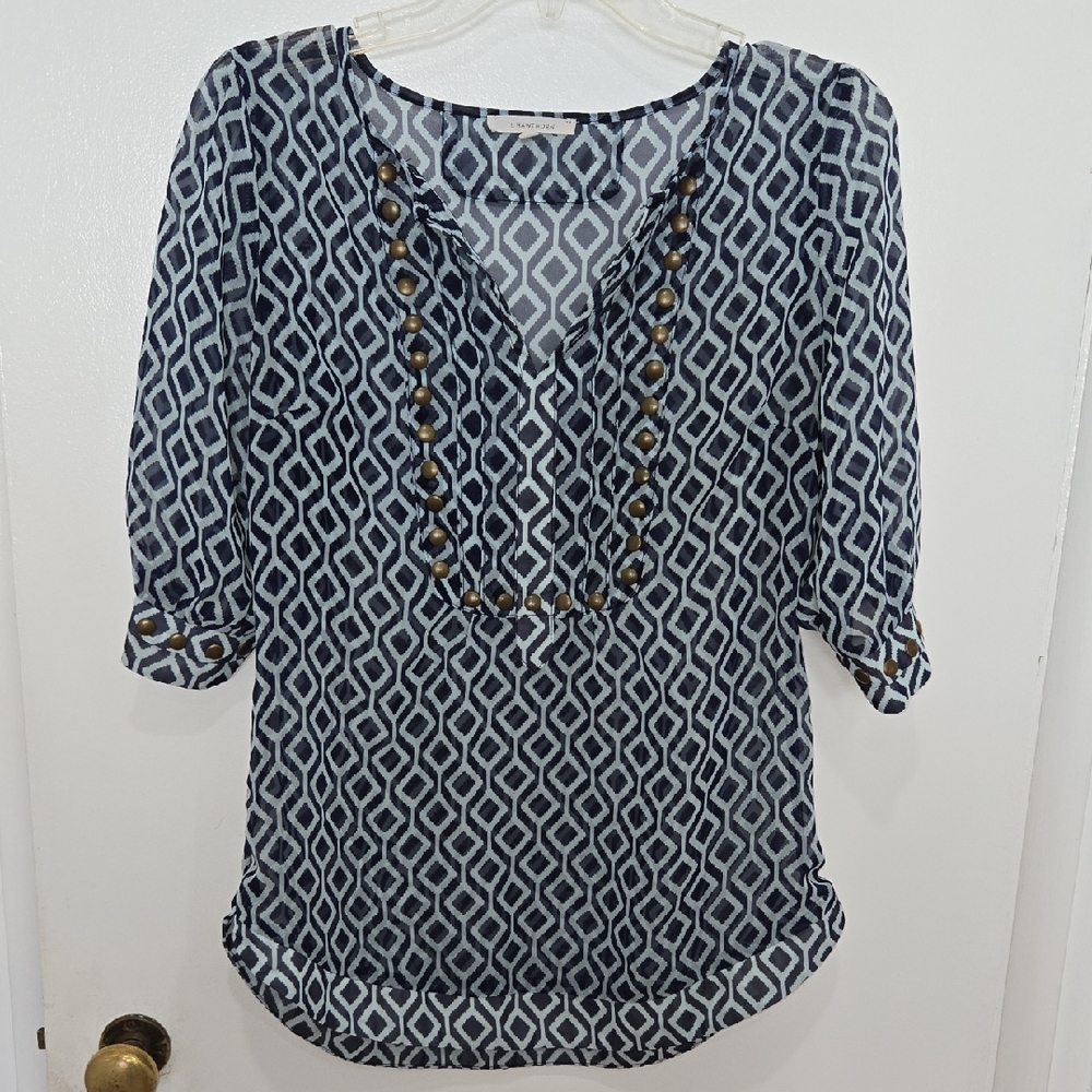 41 Hawthorn Navy Blue & Baby Blue Geometric Sheer Blouse Size S